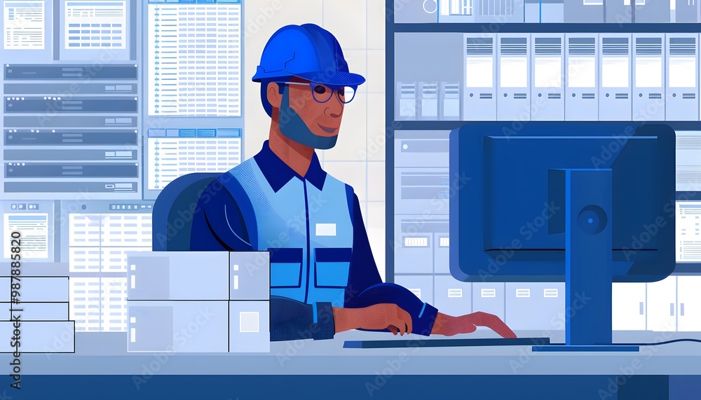 Poster a focused worker in a blue hard hat and vest, using a computer in a warehouse environment filled wit