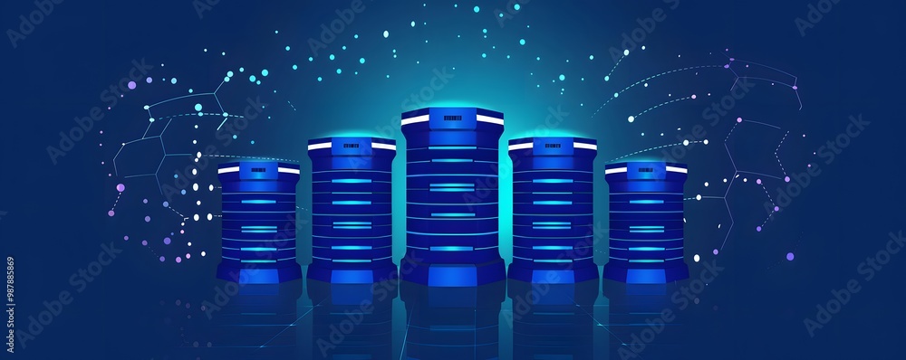 Poster a futuristic representation of blue database servers with a digital network background, symbolizing 