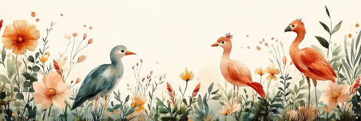 Watercolor illustration of three birds in a garden setting.