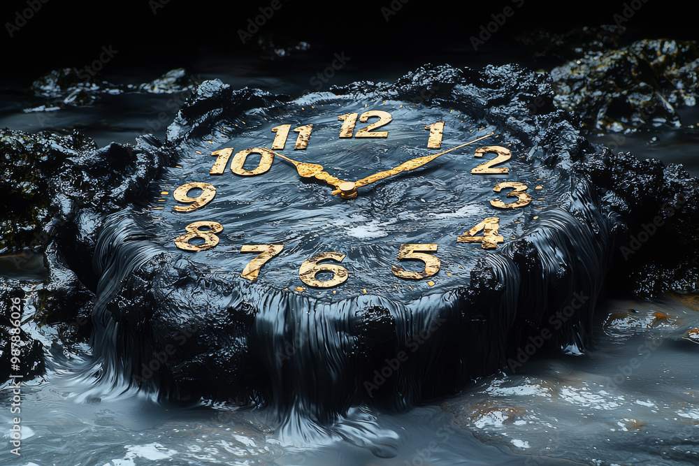 Aufkleber a scene of a melting clock transitioning into a stream of flowing water, symbolizing the fluidity of