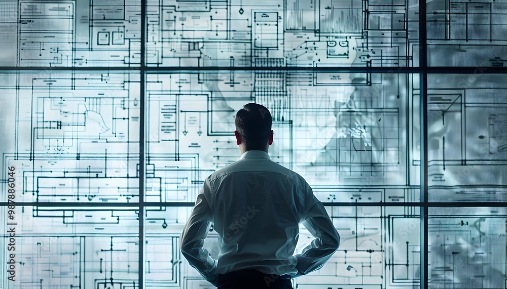 Poster a man analyzing digital data on a transparent screen, representing innovation and technology in a mo