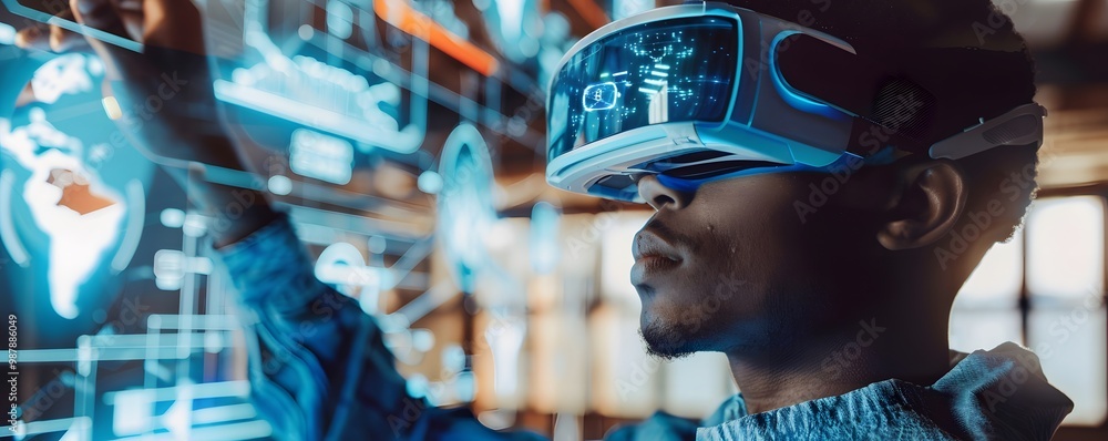 Poster a man engages with virtual reality technology, exploring digital data and interactive graphics in an