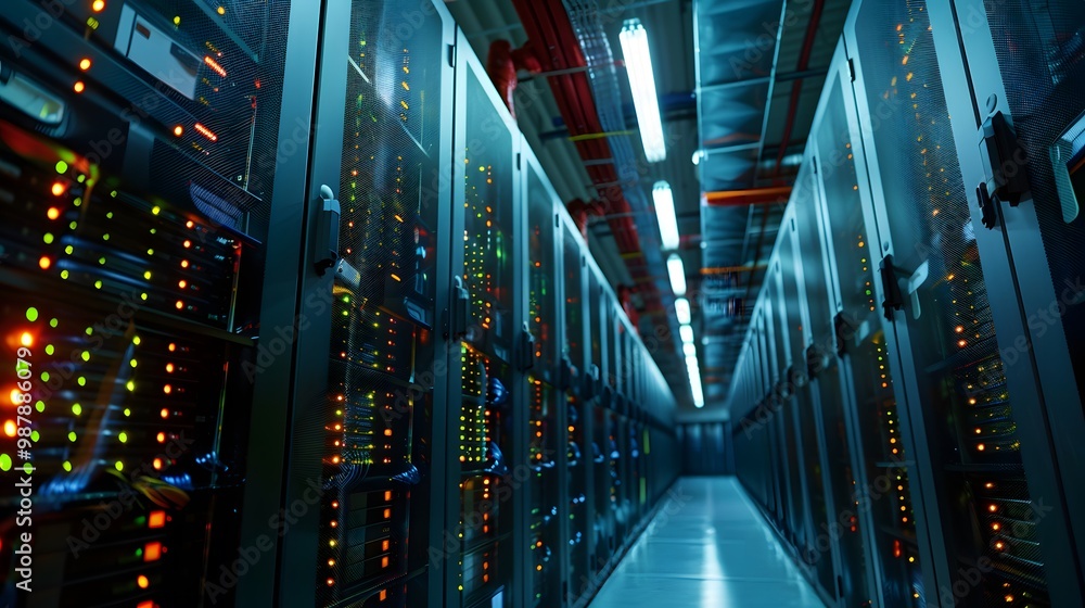 Poster a modern data center corridor with rows of illuminated servers, showcasing advanced technology and i