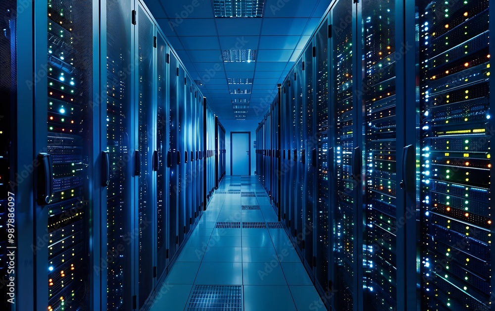 Poster a modern data center hallway featuring illuminated server racks, showcasing advanced technology and 