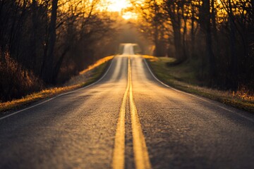 Fototapeta premium Asphalt road leading into the sunset with yellow lines dividing the lanes, concept of journey, adventure, and hope