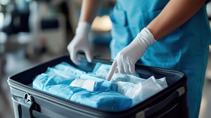 A close-up of a travel nurse packing medical supplies into a suitcase, preparing for an upcoming assignment.
