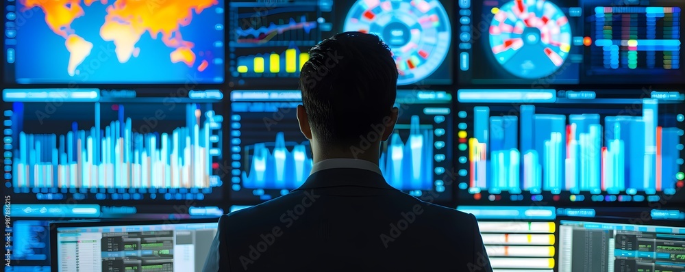Poster a professional analyzing data on multiple screens, showcasing modern technology and insight in a cor