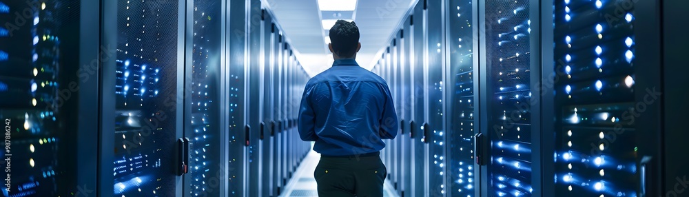 Poster a professional examining data servers in a high-tech data center, emphasizing the importance of tech