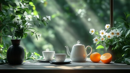 A white porcelain teapot and cups, small black vase with white flowers and a bright orange fruit.