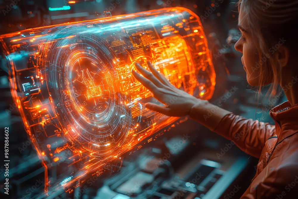 Poster a person using a holographic interface to sculpt a 3d object in mid-air, symbolizing innovation and 
