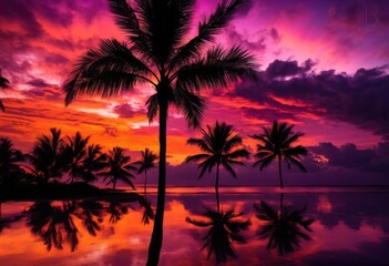 Obraz premium vibrant silhouettes palm trees stunning sunset backdrop showcasing rich colors textures, sky, nature, tropical, landscape, horizon, light, shadow, orange