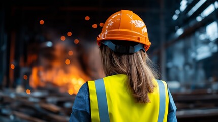 Woman in safety gear with hardhat and reflective vest observing a construction site with sparks flying in the background.