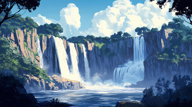 A dramatic cliffside view with cascading waterfalls. Cliffside View. Illustration