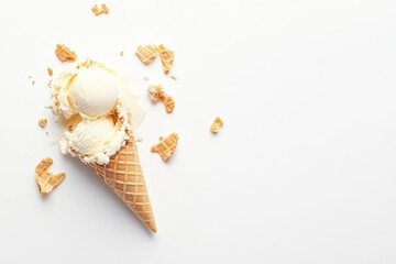 A half eaten ice cream cone with chocolate chips on top, generative ai image