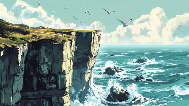A dramatic cliffside view with crashing waves below and seagulls overhead,. Cliffside View. Illustration