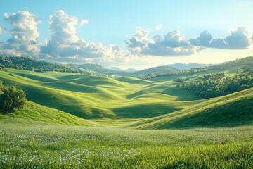 A peaceful countryside landscape with rolling hills and a clear blue sky, symbolizing tranquility and natural beauty.