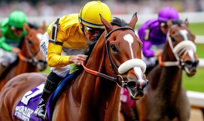 Obraz premium Thrilling Finish: Jockey Leads the Race to Victory