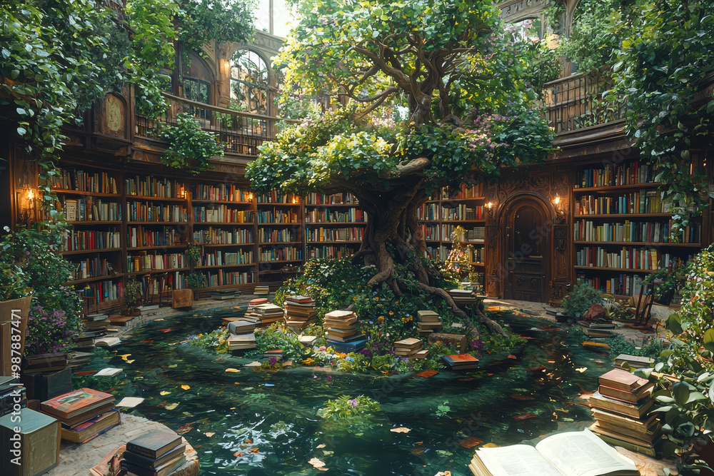 Poster a library where books slowly morph into floating islands, representing the limitless possibilities o
