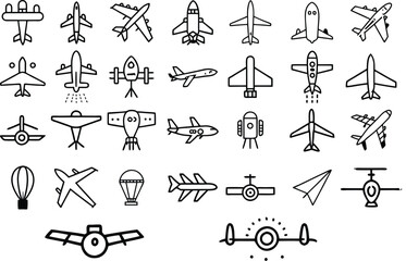 Airplane black and white icons set for design