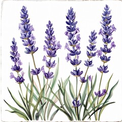 Naklejka premium Watercolor painting of lavender flowers with green leaves isolated on white background.