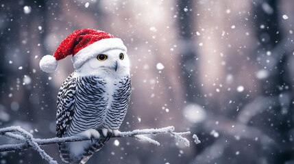 Snowy Owl Wearing Santa Hat Perched on Tree Branch in Snowstorm