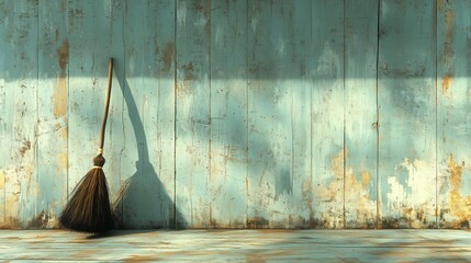 The broom against the wooden planks background.
