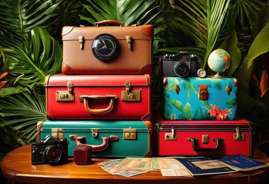 passport surrounded colorful travel themed elements vibrant background illustrating adventure exploration, globe, suitcase, ticket, map, journey