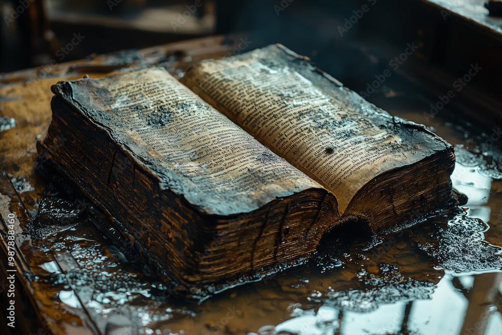 Poster a close-up of an old, weathered book lying open on a desk, with pages reflecting in a puddle of wate