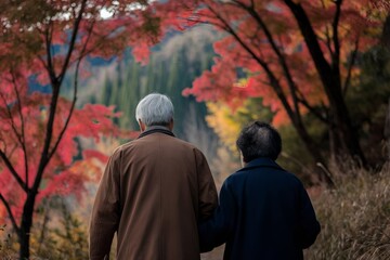 Elderly asian couple taking a peaceful walk along a park in autumn.