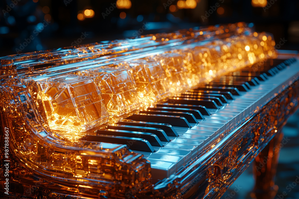 Poster a close-up of a musical instrument with keys made of crystal and strings of light, symbolizing the f