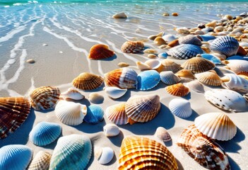 colorful vibrant seashells scattered across pristine shoreline clear blue water soft white sand under bright sunlight, beach, ocean, coast, marine, texture, wave