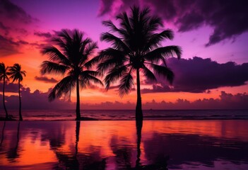 Obraz premium stunning palm silhouette vibrant sunset backdrop featuring rich purple hues, orange, pink, sky, clouds, nature, landscape, scenic, beautiful, twilight