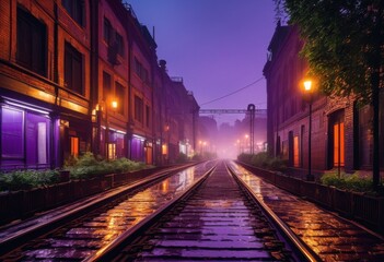 Fototapeta premium twilight city landscape vintage train tracks highlighting urban charm nostalgia scenic view, evening, architecture, buildings, street, lights, horizon, skyline
