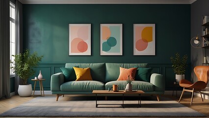 Modern Scandinavian home interior design characterized by an elegant living room featuring a comfortable sofa, mid century furniture, cozy carpet, wooden floor, white walls, and home plants.