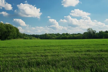 Fototapeta premium Beautiful green grass field with blue sky and clouds in the background