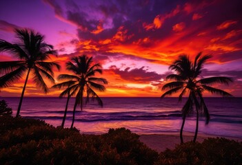 vibrant silhouettes palm trees stunning sunset backdrop fiery colors dramatic sky, horizon, tropical, evening, nature, scenery, landscape, beauty, light