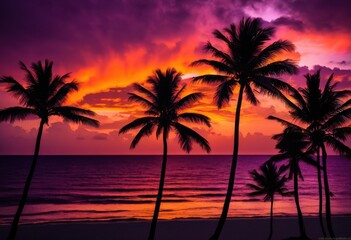 Obraz premium vibrant palm silhouettes framed stunning sunset backdrop reflecting rich colors dramatic skies, sky, tropical, landscape, nature, tree, clouds, orange