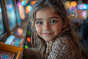 Fototapeta premium Parents and kids having a fun day at a local arcade, playing games and winning prizes.