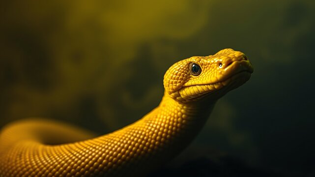 A close-up view of a bright yellow python coiled gracefully against a dark background in a natural habitat setting
