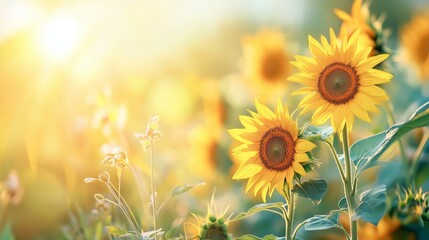 Obraz premium Several very beautiful sunflowers, on a light blurred background.