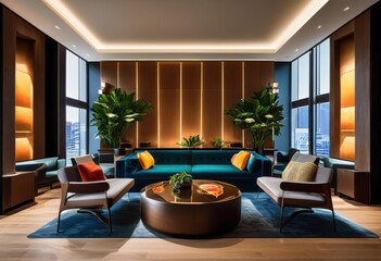 stylish hotel interiors featuring modern office spaces sleek contemporary bright lighting productive work environment, design, furniture, workspace, decor