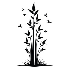 Naklejka premium a black and white silhouette of a plant with long, slender leaves. The plant appears to be tall and slender, with a few birds flying around it 