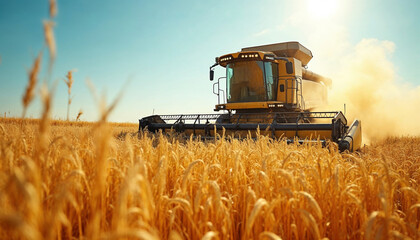 Combine harvester efficiently working in a sun-soaked rice field during harvest season.






