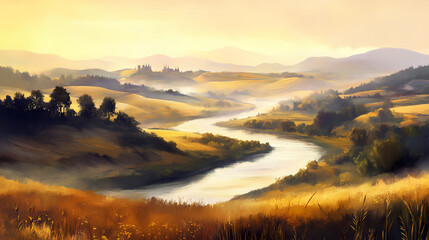 Obraz premium A tranquil landscape with rolling hills and a winding river, painted with soft and hazy oil brushwork. Winding River. Illustration