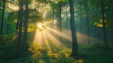 Obraz premium Sunlight Beams Through Foggy Forest Trees