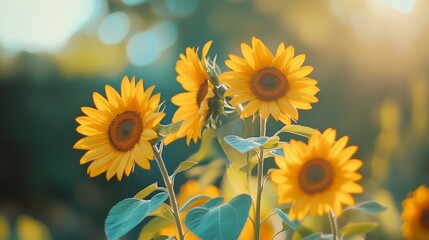Several very beautiful sunflowers, on a light blurred background.