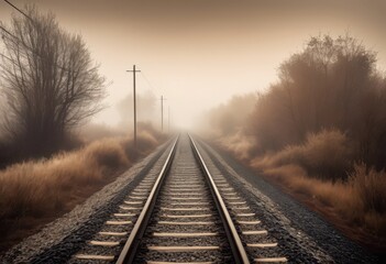 Fototapeta premium mysterious railway lines stretching into foggy horizon dramatic atmosphere enigmatic landscape, adventure, atmospheric, clouds, depths, designs, exploration