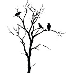 a black and white silhouette of a tree with no leaves. The tree has a bare trunk and branches that are twisted and gnarled. On the branch, there are two crows perched on it