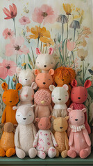Cute stuffed animal friends in a nursery setting.
