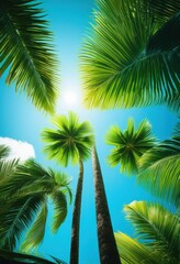 lush green palm leaves contrasting bright blue sky creating vibrant tropical scene, sunlight, nature, foliage, summer, outdoors, plants, botanical, landscape